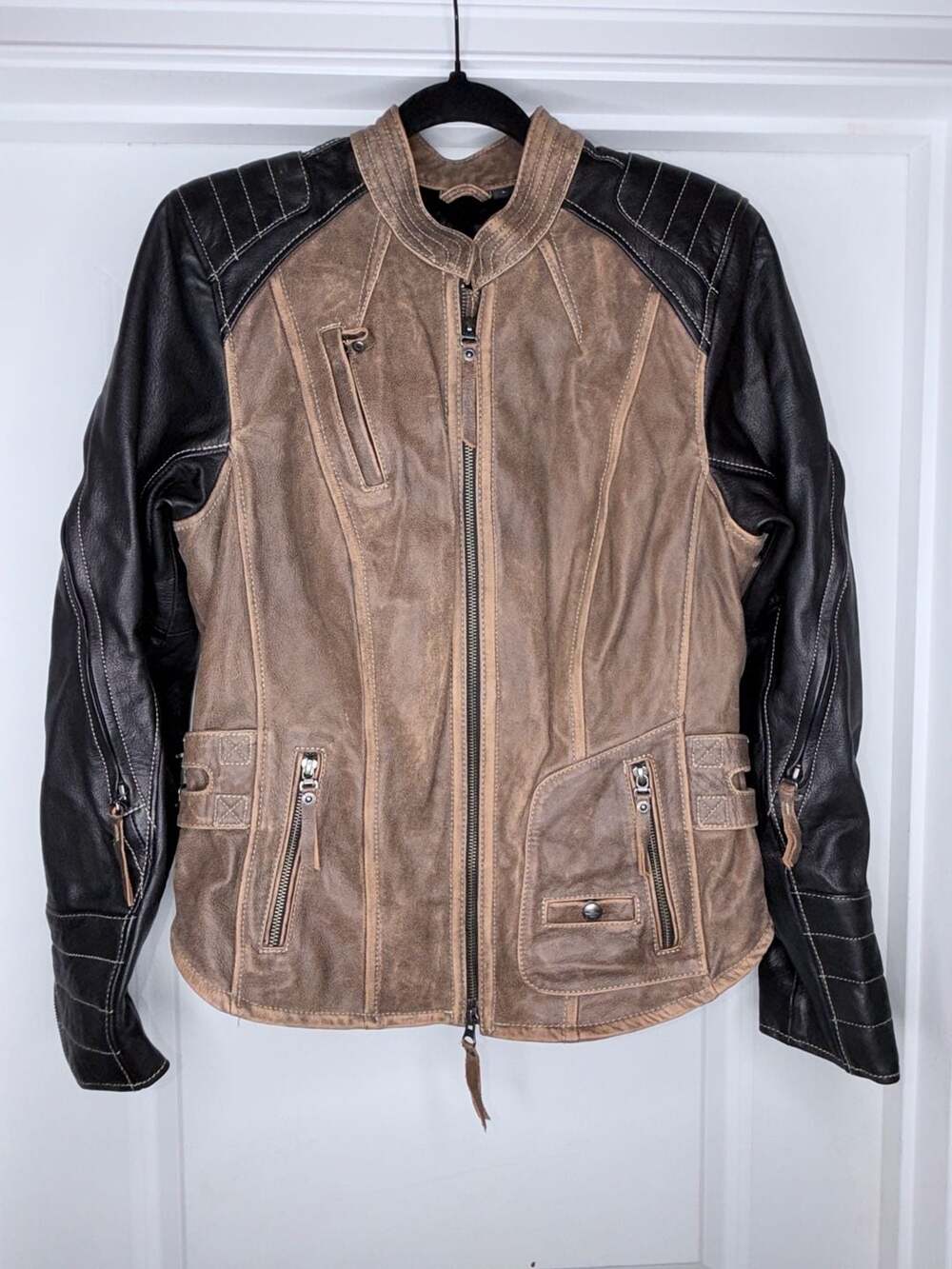 Harley Davidson Women's Vintage Distressed Black and Brown Leather Biker Jacket